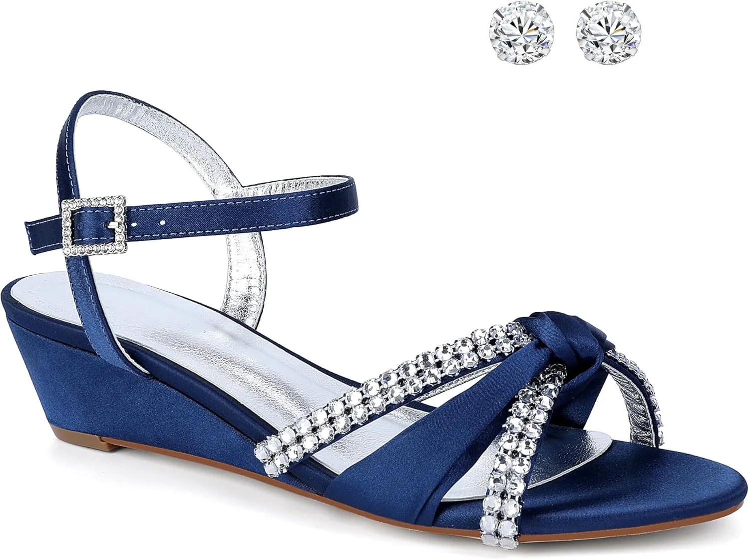 Women's Satin Wedge Sandals Rhinestone Bowknot Wedding Party Shoes with Crystal Ear stud