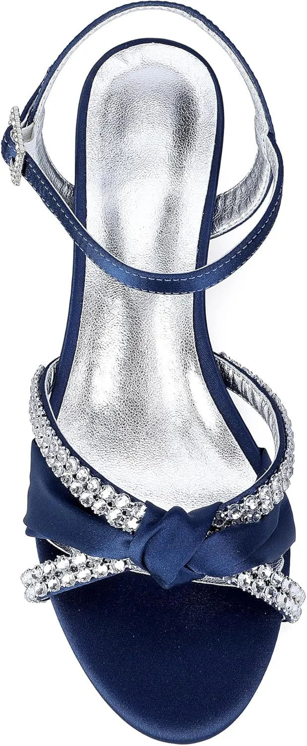 Women's Satin Wedge Sandals Rhinestone Bowknot Wedding Party Shoes with Crystal Ear stud