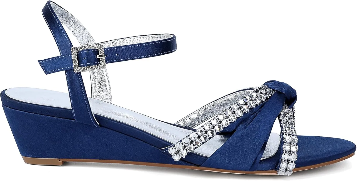 Women's Satin Wedge Sandals Rhinestone Bowknot Wedding Party Shoes with Crystal Ear stud