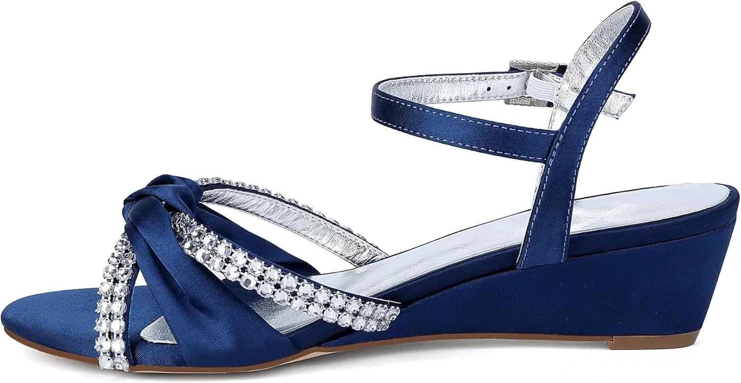 Women's Satin Wedge Sandals Rhinestone Bowknot Wedding Party Shoes with Crystal Ear stud