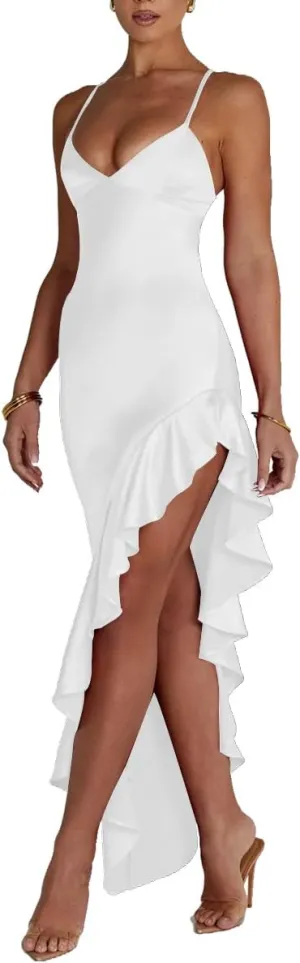 Women's Sexy Satin Spaghetti Strap V Neck Backless Side High Split Ruffle Hem Evening Party Cocktail Maxi Dress