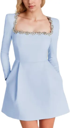 Women's Short Long Sleeves Wedding Dresses for Bride Satin Square Collar Mini Bride Dress A Line Party Dress