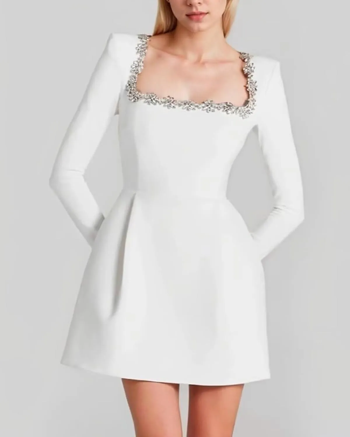 Women's Short Long Sleeves Wedding Dresses for Bride Satin Square Collar Mini Bride Dress A Line Party Dress