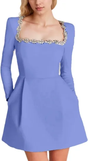 Women's Short Long Sleeves Wedding Dresses for Bride Satin Square Collar Mini Bride Dress A Line Party Dress