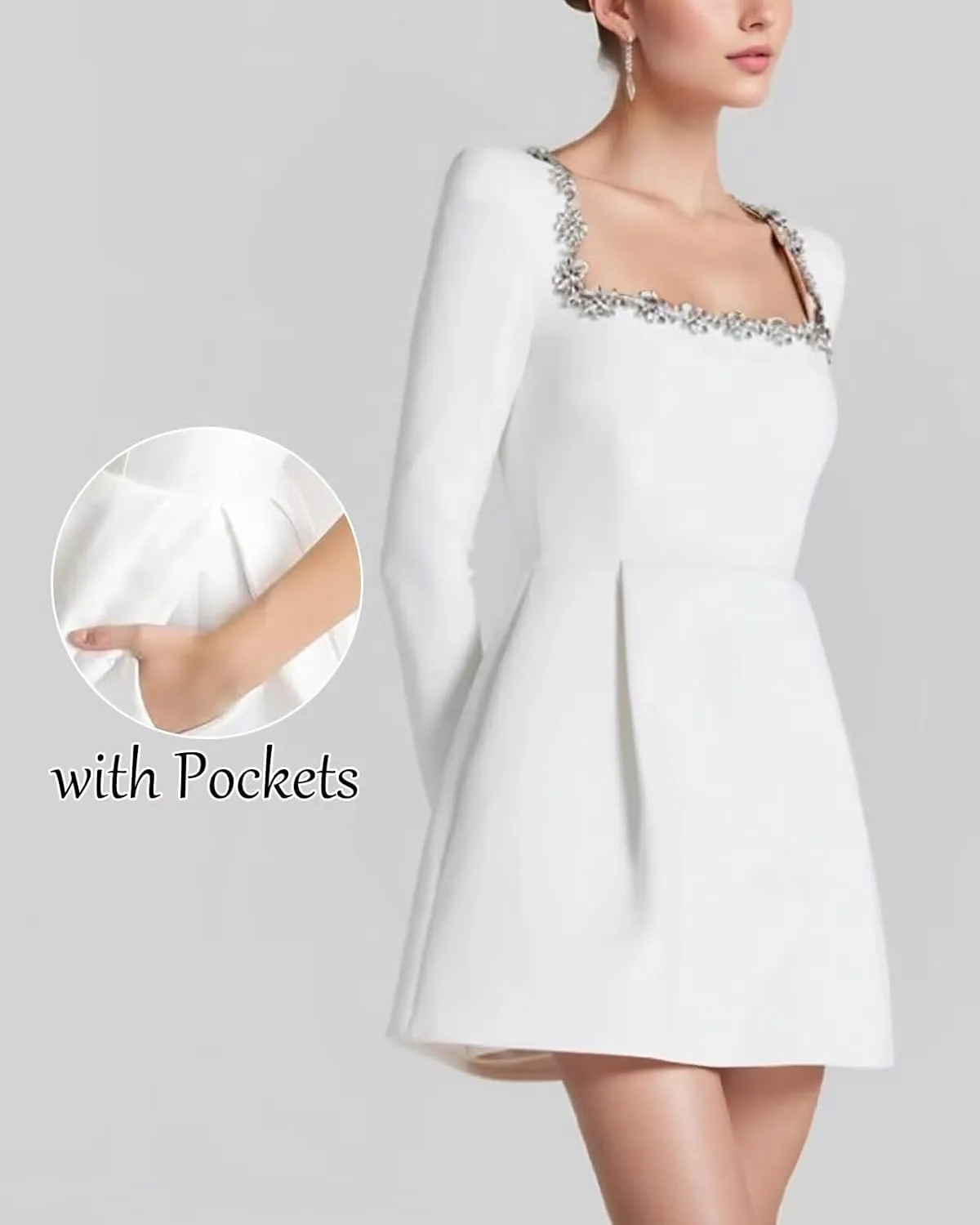 Women's Short Long Sleeves Wedding Dresses for Bride Satin Square Collar Mini Bride Dress A Line Party Dress