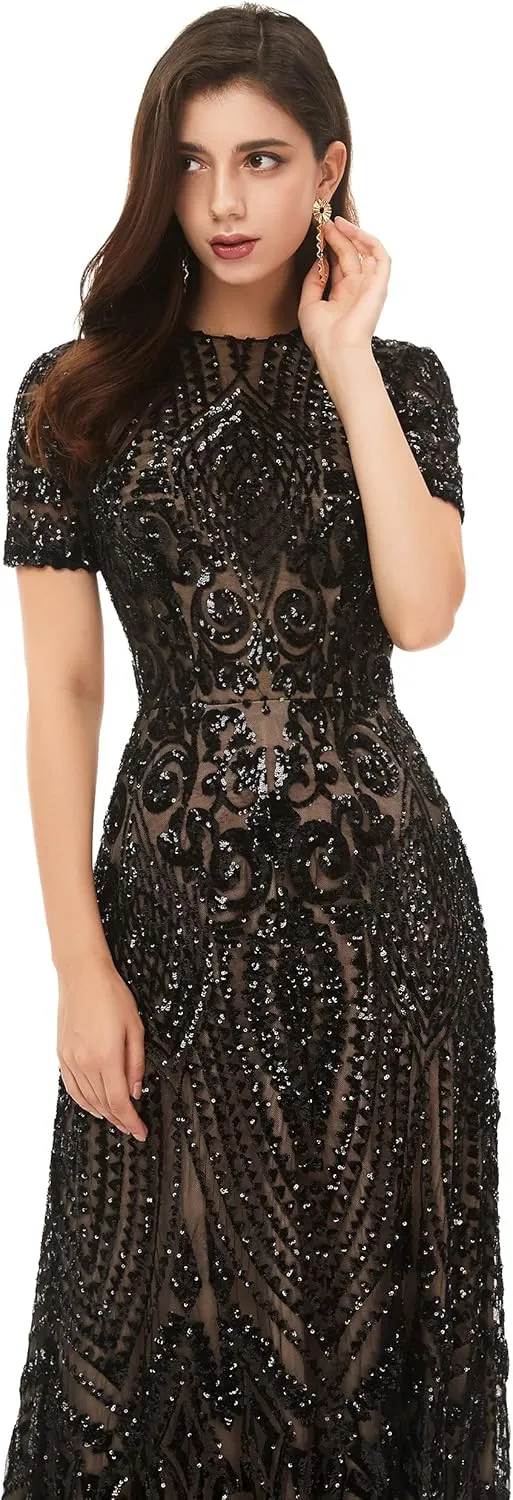Women's Short Sleeves Sequins A-Line Formal Evening Dress