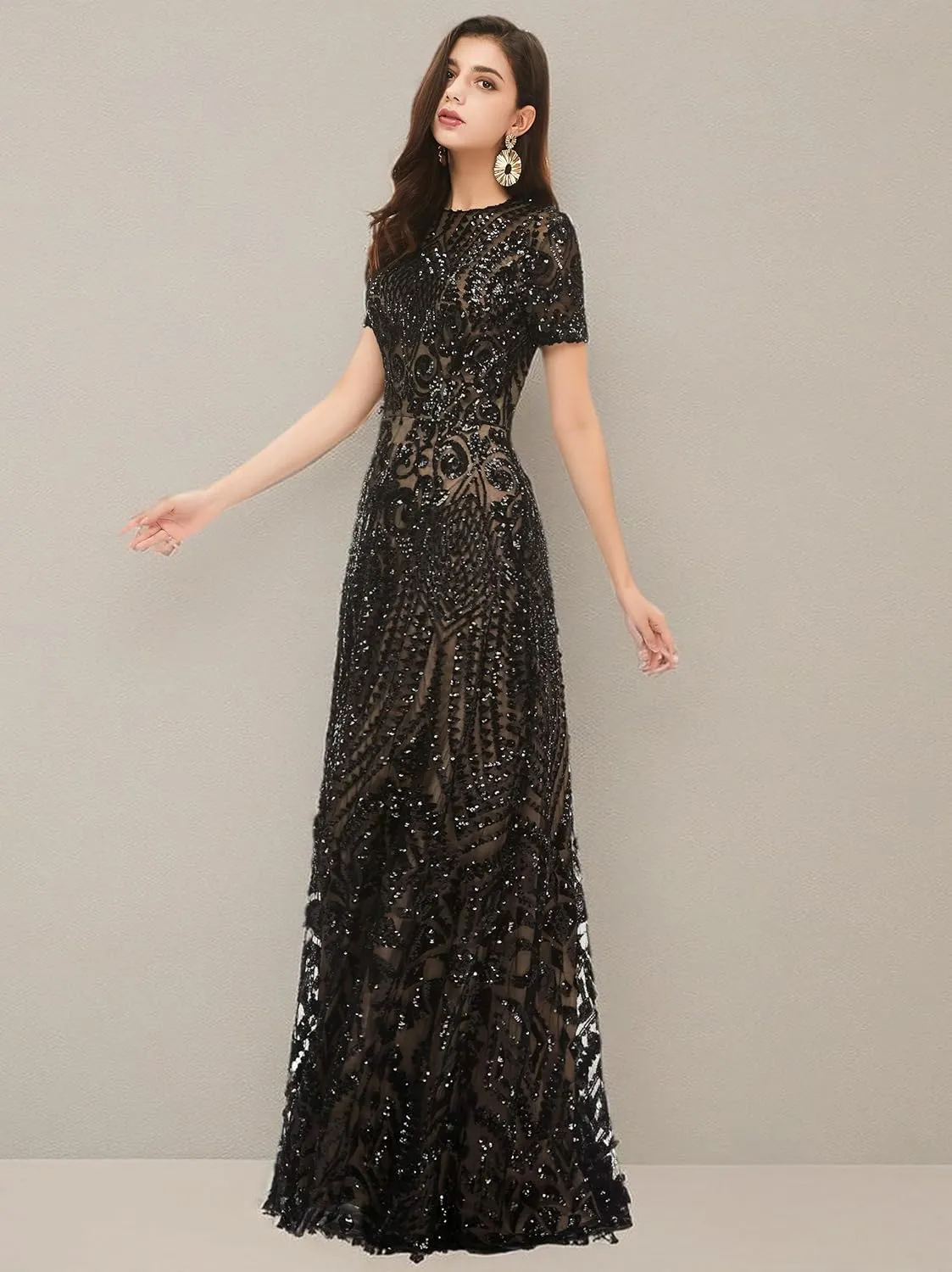 Women's Short Sleeves Sequins A-Line Formal Evening Dress