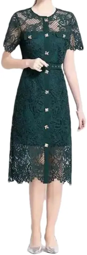 Women's Single Breasted Hollow Evening Dress Short Sleeve Lace Round Neck Zipper Slim Midi Dress