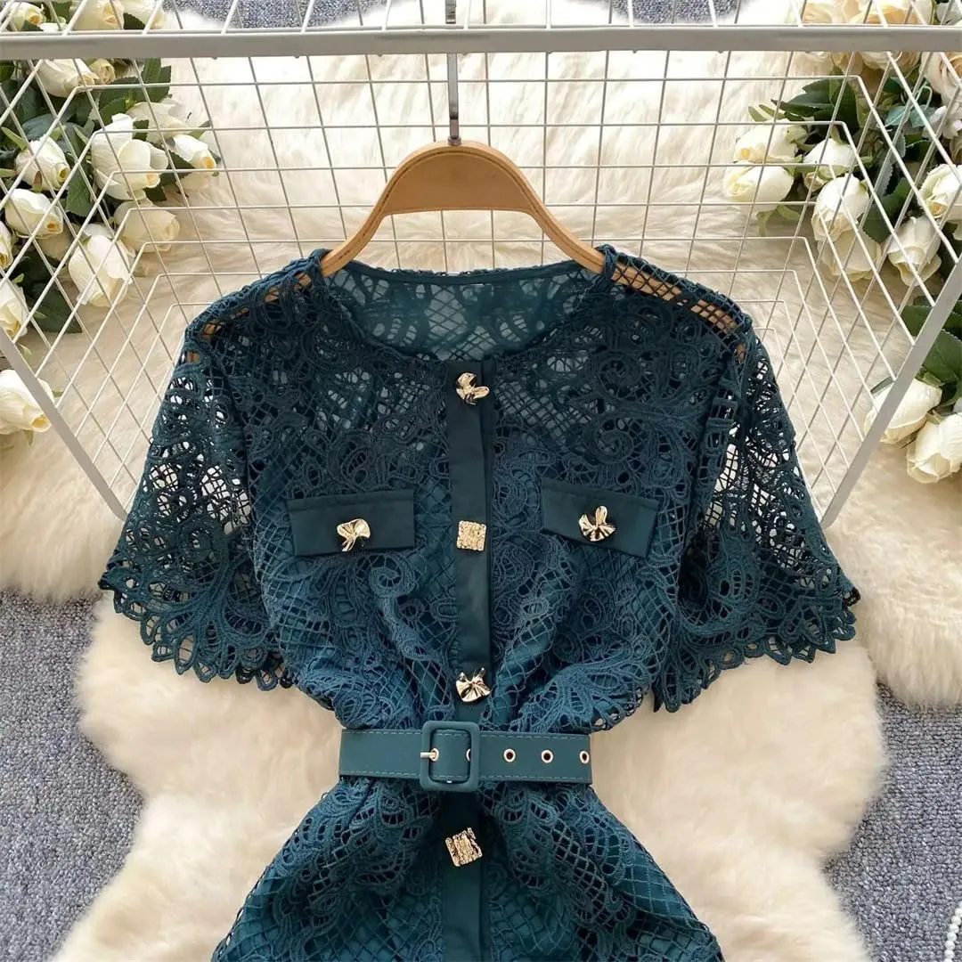 Women's Single Breasted Hollow Evening Dress Short Sleeve Lace Round Neck Zipper Slim Midi Dress