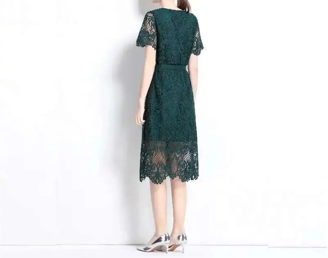 Women's Single Breasted Hollow Evening Dress Short Sleeve Lace Round Neck Zipper Slim Midi Dress