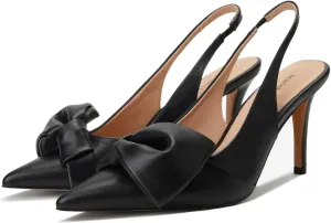 Women's Slingback Heels with Bow Leather Pointed Toe Pumps with Elasticated Strap 3.3" High Heels Evening Comfy Dress Shoes