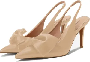Women's Slingback Heels with Bow Leather Pointed Toe Pumps with Elasticated Strap 3.3" High Heels Evening Comfy Dress Shoes