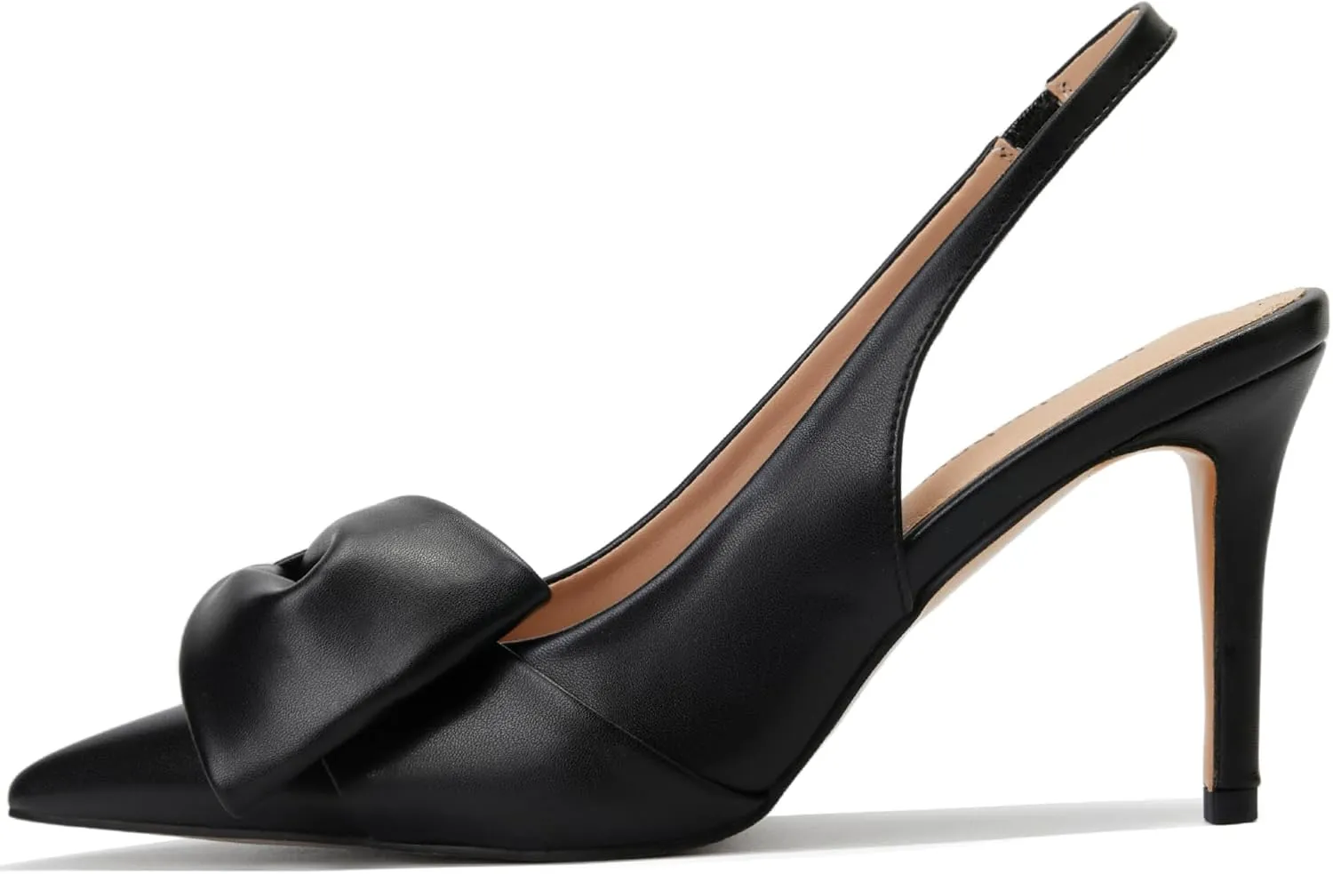 Women's Slingback Heels with Bow Leather Pointed Toe Pumps with Elasticated Strap 3.3" High Heels Evening Comfy Dress Shoes