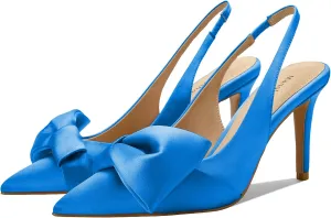 Women's Slingback Heels with Bow Leather Pointed Toe Pumps with Elasticated Strap 3.3" High Heels Evening Comfy Dress Shoes