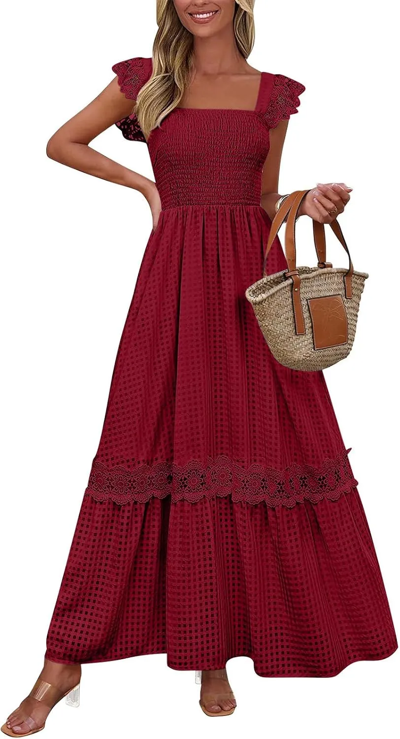 Women's Smocked Summer Maxi Dresses 2025 Ruffle Sleeveless Square Neck Lace Detail Flowy Long Sundress
