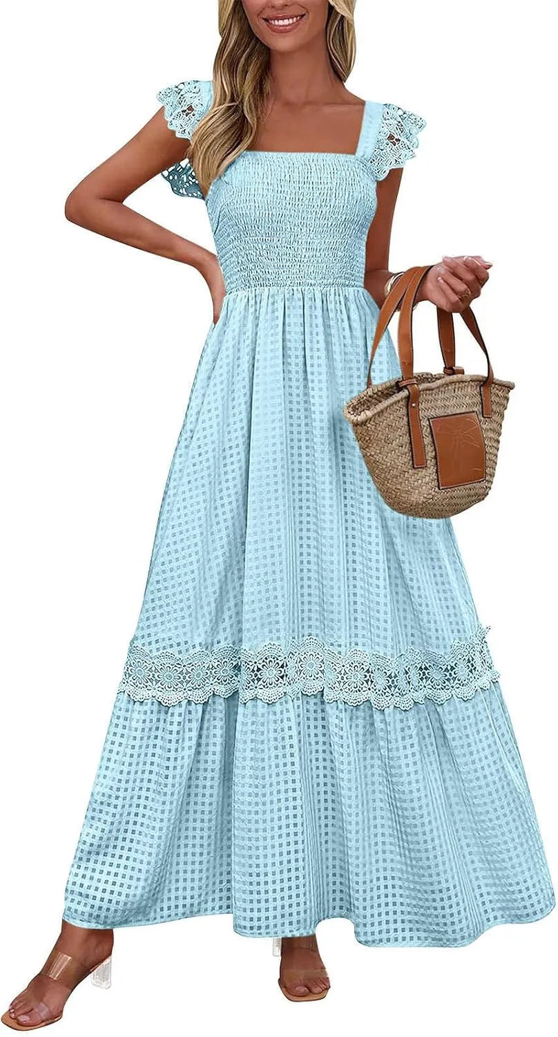 Women's Smocked Summer Maxi Dresses 2025 Ruffle Sleeveless Square Neck Lace Detail Flowy Long Sundress