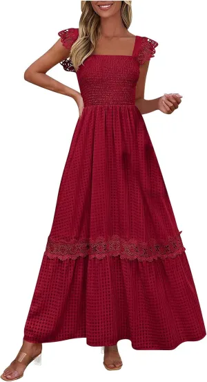 Women's Smocked Summer Maxi Dresses 2025 Ruffle Sleeveless Square Neck Lace Detail Flowy Long Sundress