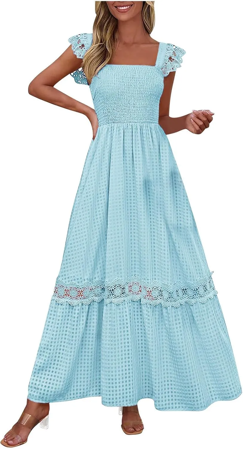 Women's Smocked Summer Maxi Dresses 2025 Ruffle Sleeveless Square Neck Lace Detail Flowy Long Sundress