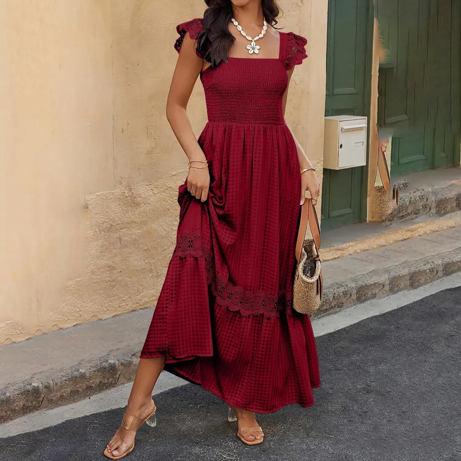 Women's Smocked Summer Maxi Dresses 2025 Ruffle Sleeveless Square Neck Lace Detail Flowy Long Sundress