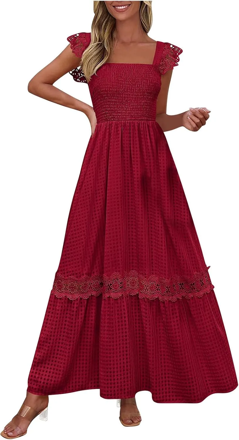 Women's Smocked Summer Maxi Dresses 2025 Ruffle Sleeveless Square Neck Lace Detail Flowy Long Sundress