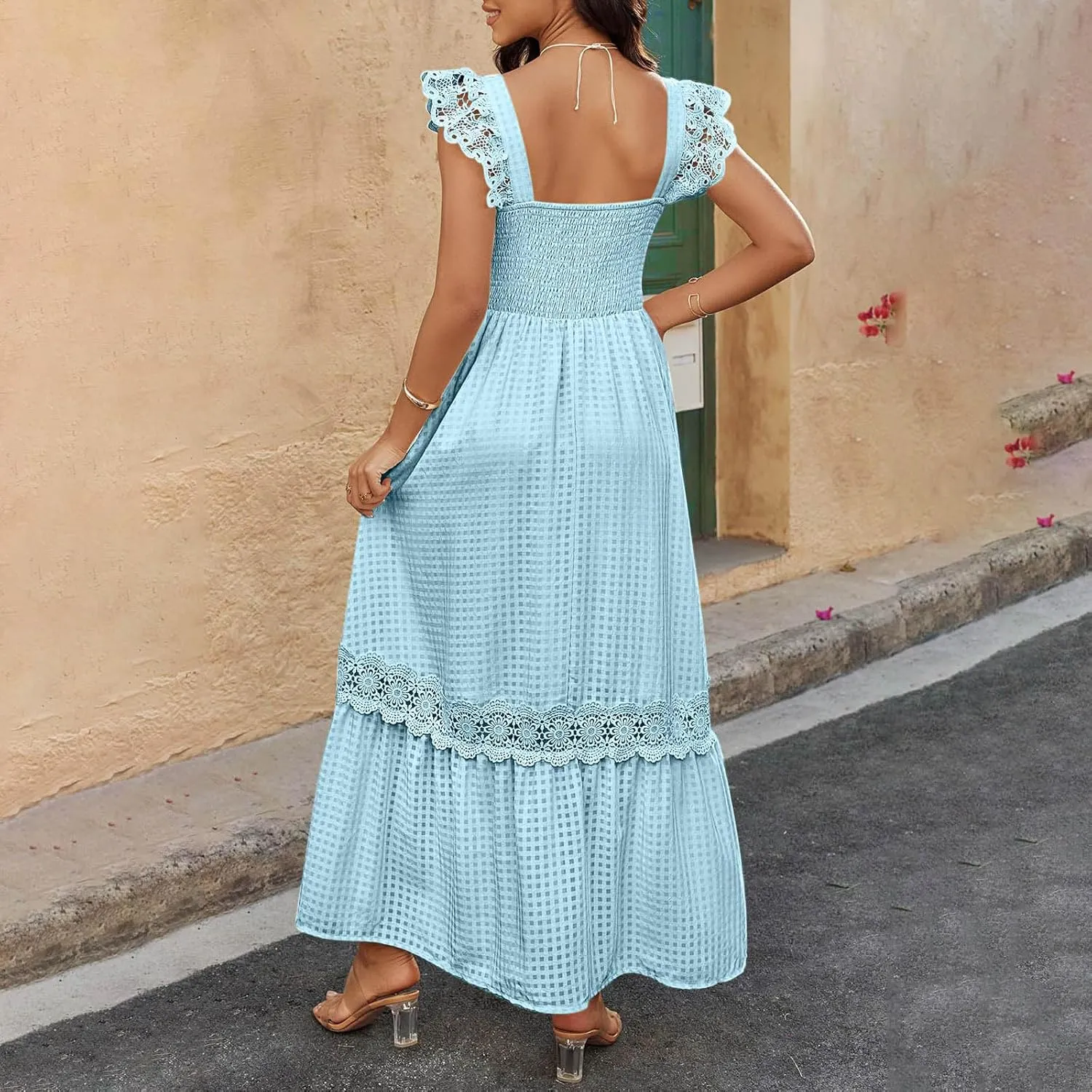 Women's Smocked Summer Maxi Dresses 2025 Ruffle Sleeveless Square Neck Lace Detail Flowy Long Sundress