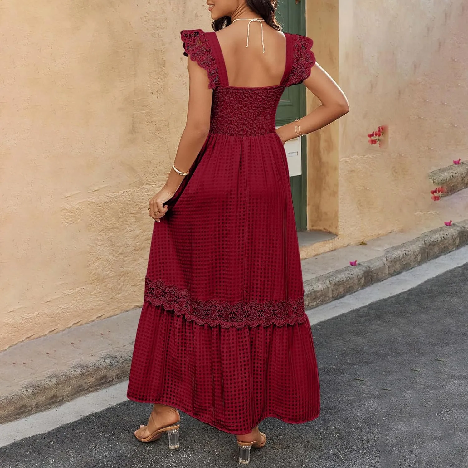 Women's Smocked Summer Maxi Dresses 2025 Ruffle Sleeveless Square Neck Lace Detail Flowy Long Sundress