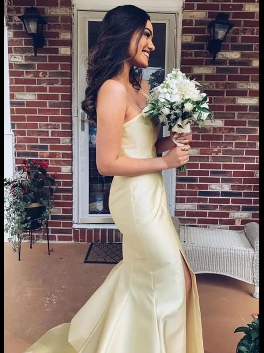 Women's Strapless Satin Prom Dresses Briesmaid Dress Formal Party Gown with Slit