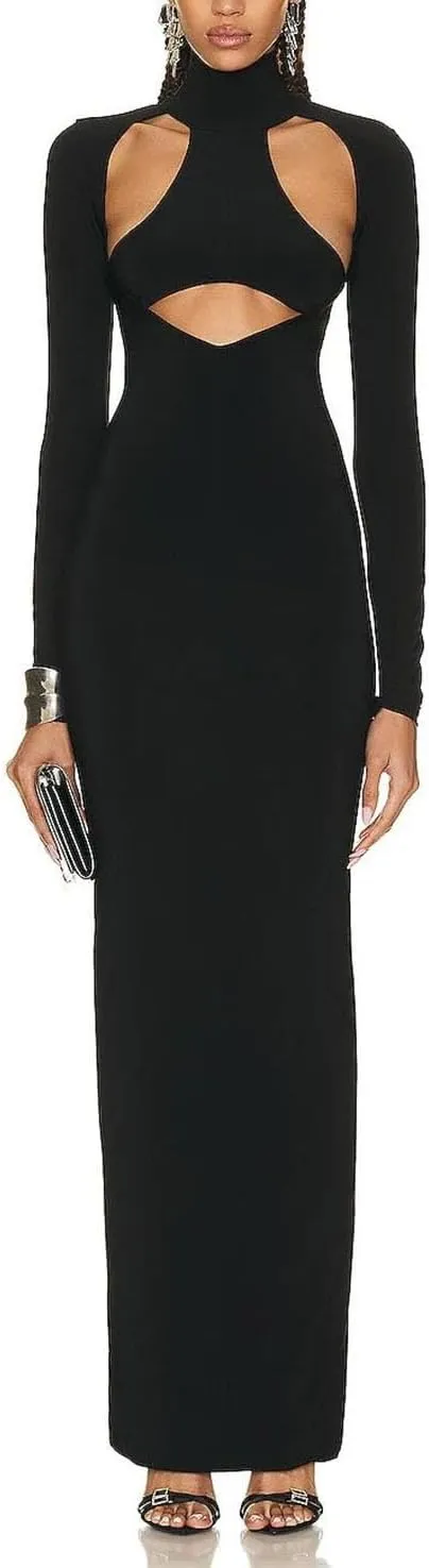 Women's Stretch Bandage Hollow Out Long Sleeve Slim Maxi Black Backless Bodycon Celebrity Party Dresses