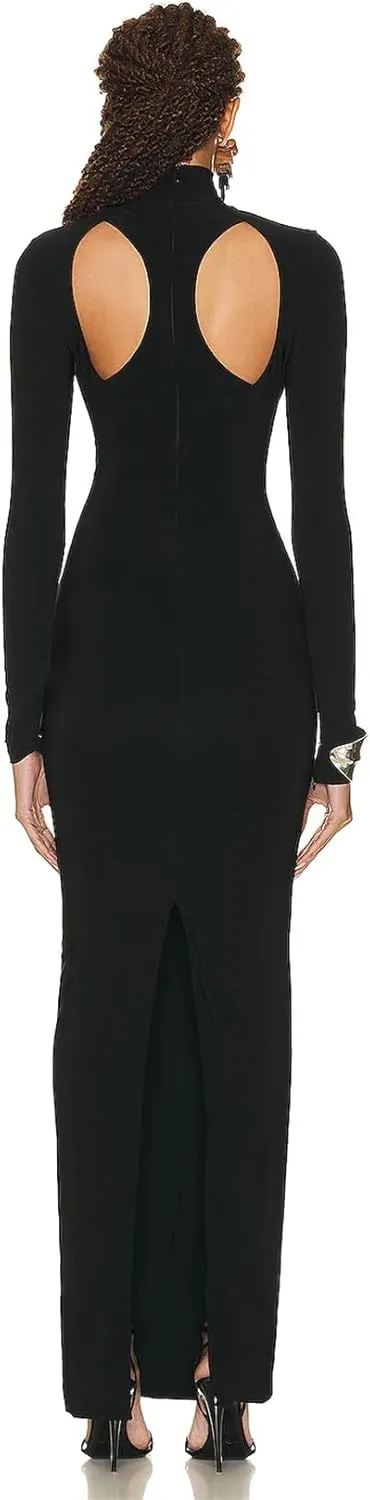 Women's Stretch Bandage Hollow Out Long Sleeve Slim Maxi Black Backless Bodycon Celebrity Party Dresses