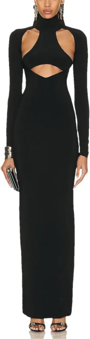 Women's Stretch Bandage Hollow Out Long Sleeve Slim Maxi Black Backless Bodycon Celebrity Party Dresses