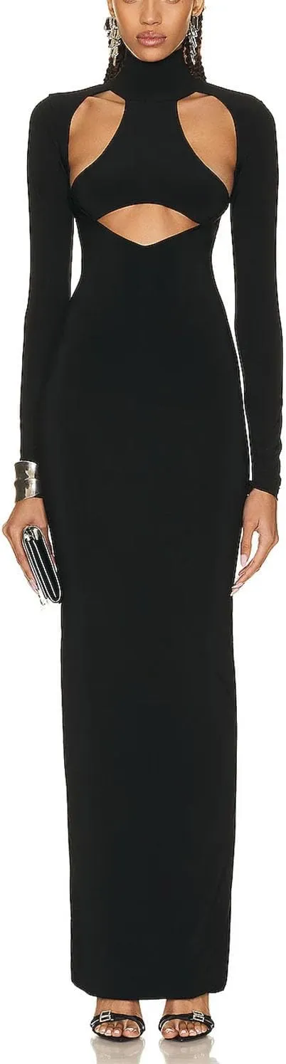 Women's Stretch Bandage Hollow Out Long Sleeve Slim Maxi Black Backless Bodycon Celebrity Party Dresses