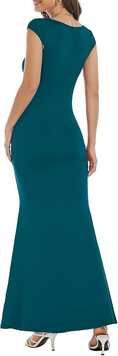 Womens Summer Cap Sleeve Square Neck Elegant Casual Lounge Bodycon Slim Maxi Evening Party Long Dress