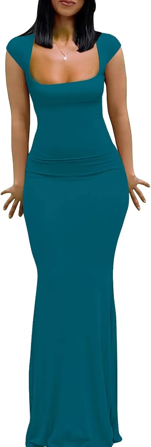 Womens Summer Cap Sleeve Square Neck Elegant Casual Lounge Bodycon Slim Maxi Evening Party Long Dress