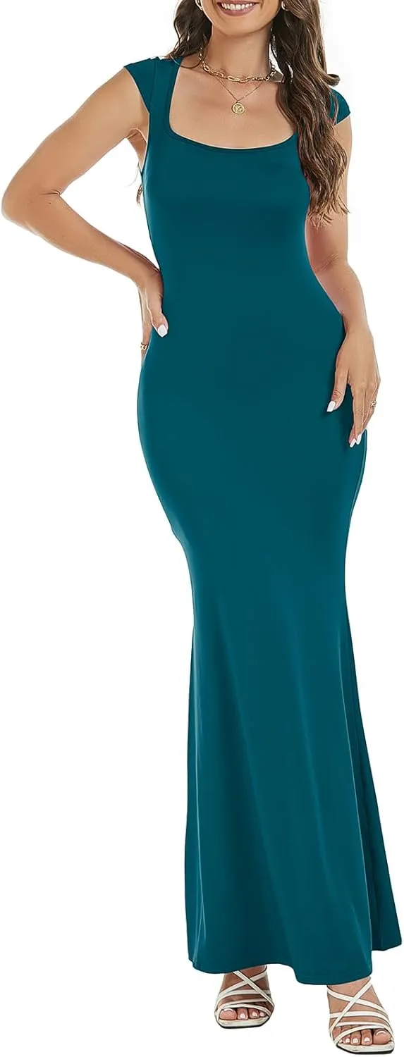Womens Summer Cap Sleeve Square Neck Elegant Casual Lounge Bodycon Slim Maxi Evening Party Long Dress