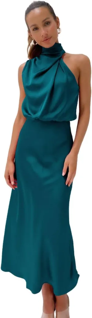 Women's Summer Country Vacation Dress Wedding Guest Mock Neck Sundress Semi Formal Sleeveless Midi Dress
