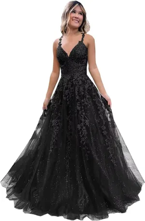Women's Tulle Prom Dresses Long V Neck Spaghetti Straps Lace Appliques Glitter Formal Evening Party Gowns