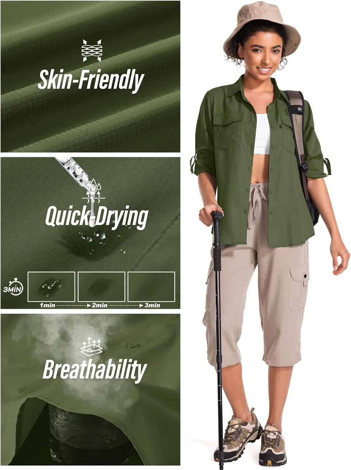 Women's UPF 50 UV Sun Protection Long Sleeve Safari Shirts Quick Dry Hiking Travel Fishing Outdoor Cool Shirts