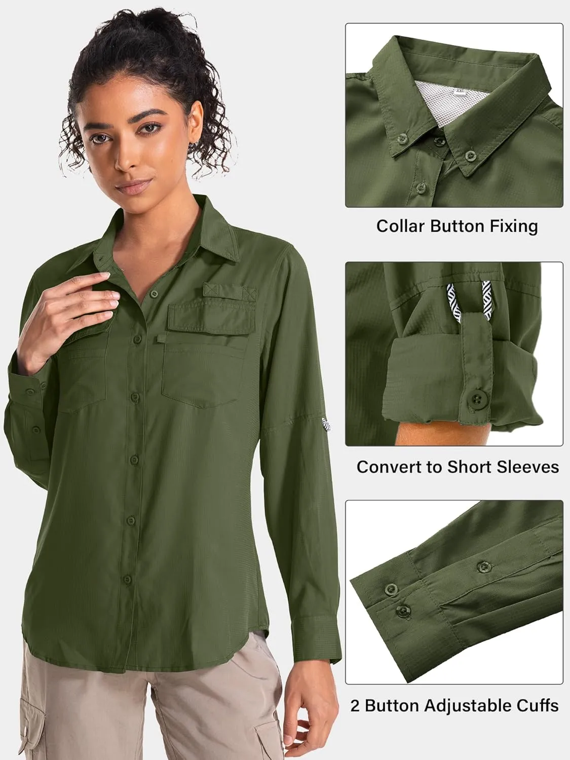 Women's UPF 50 UV Sun Protection Long Sleeve Safari Shirts Quick Dry Hiking Travel Fishing Outdoor Cool Shirts