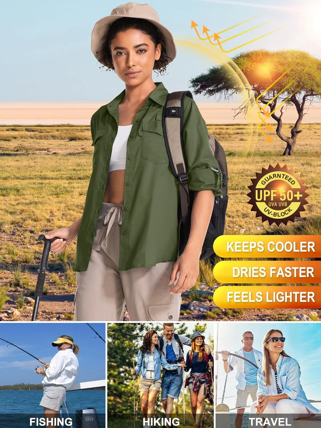 Women's UPF 50 UV Sun Protection Long Sleeve Safari Shirts Quick Dry Hiking Travel Fishing Outdoor Cool Shirts
