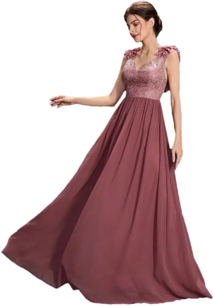 Women's V-Neck Embroidery Chiffon Dress Sleeveless Lace Evening Gown Party Prom Dresses