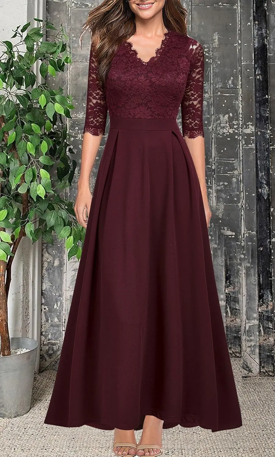 Women's V Neck Lace Vintage Formal Bridesmaid Wedding Long Dress