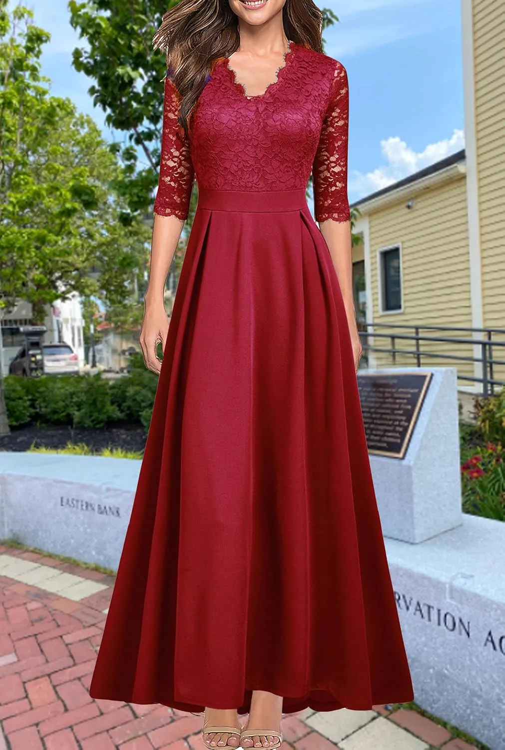 Women's V Neck Lace Vintage Formal Bridesmaid Wedding Long Dress
