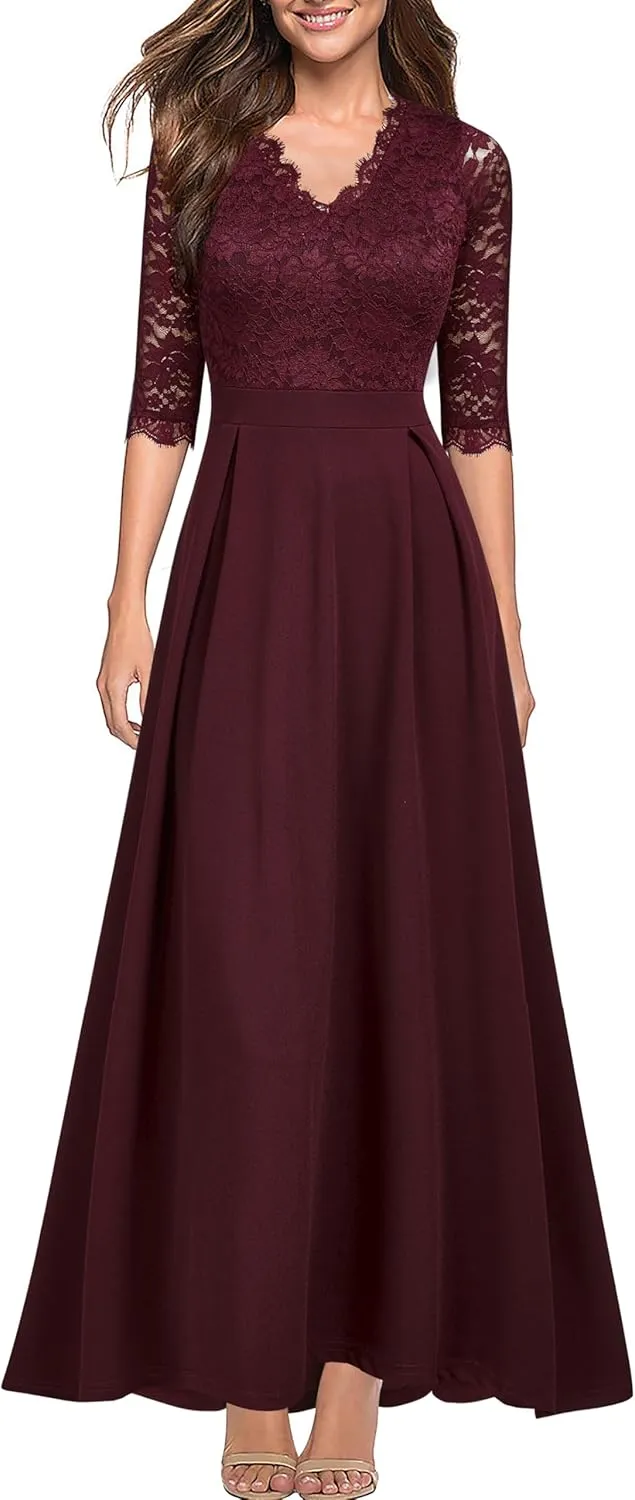 Women's V Neck Lace Vintage Formal Bridesmaid Wedding Long Dress