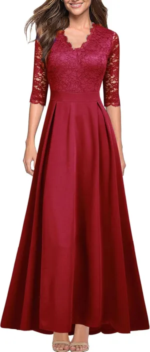 Women's V Neck Lace Vintage Formal Bridesmaid Wedding Long Dress