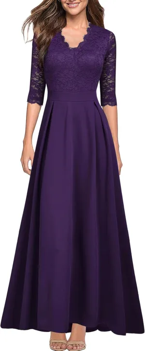 Women's V Neck Lace Vintage Formal Bridesmaid Wedding Long Dress