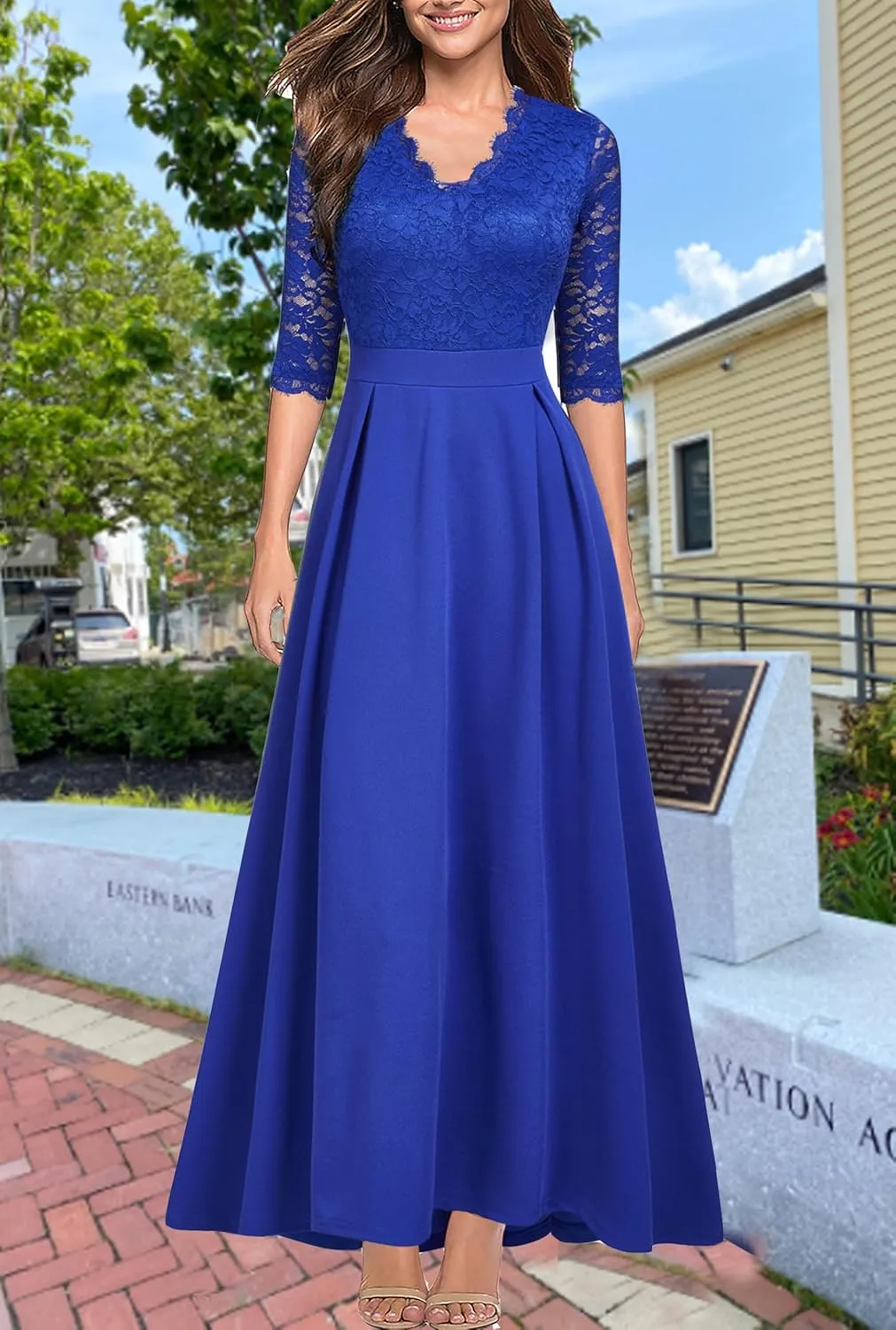Women's V Neck Lace Vintage Formal Bridesmaid Wedding Long Dress