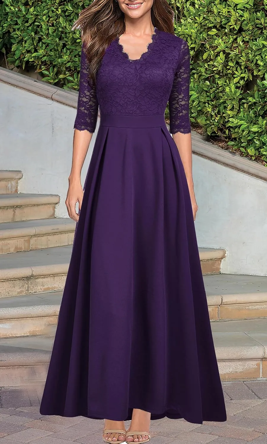 Women's V Neck Lace Vintage Formal Bridesmaid Wedding Long Dress