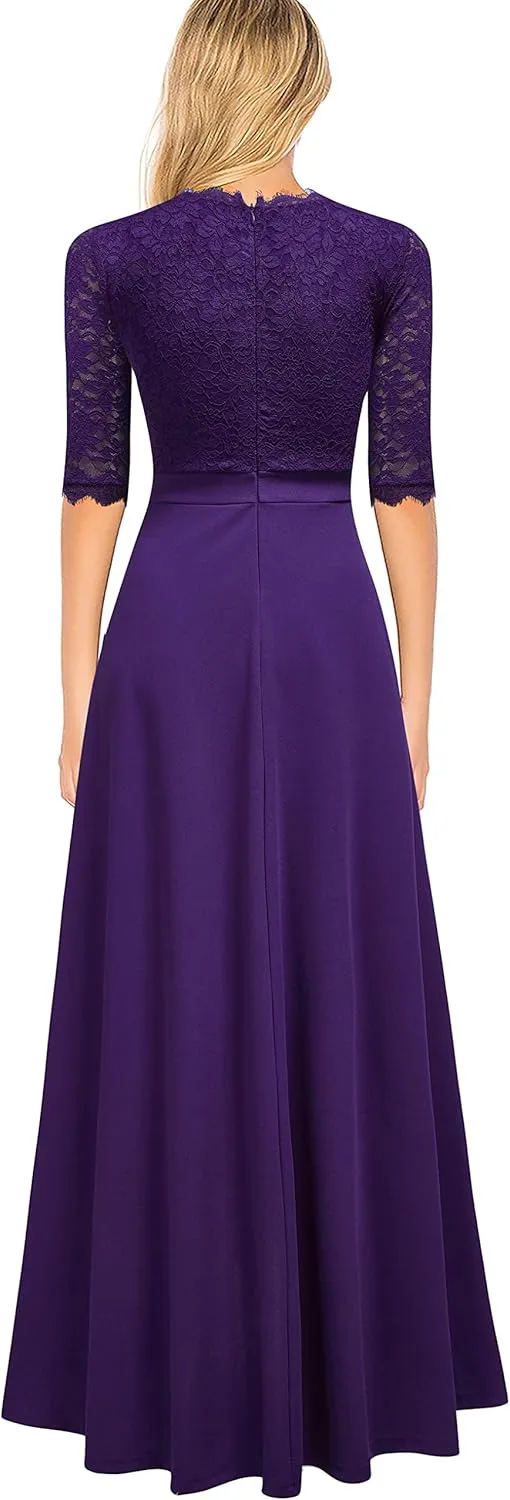 Women's V Neck Lace Vintage Formal Bridesmaid Wedding Long Dress