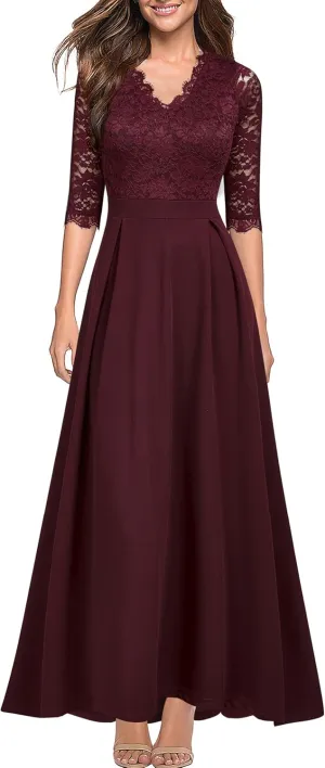 Women's V Neck Lace Vintage Formal Bridesmaid Wedding Long Dress