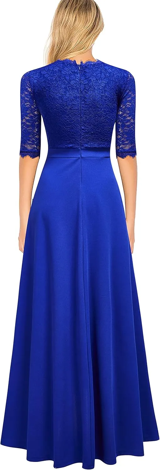 Women's V Neck Lace Vintage Formal Bridesmaid Wedding Long Dress